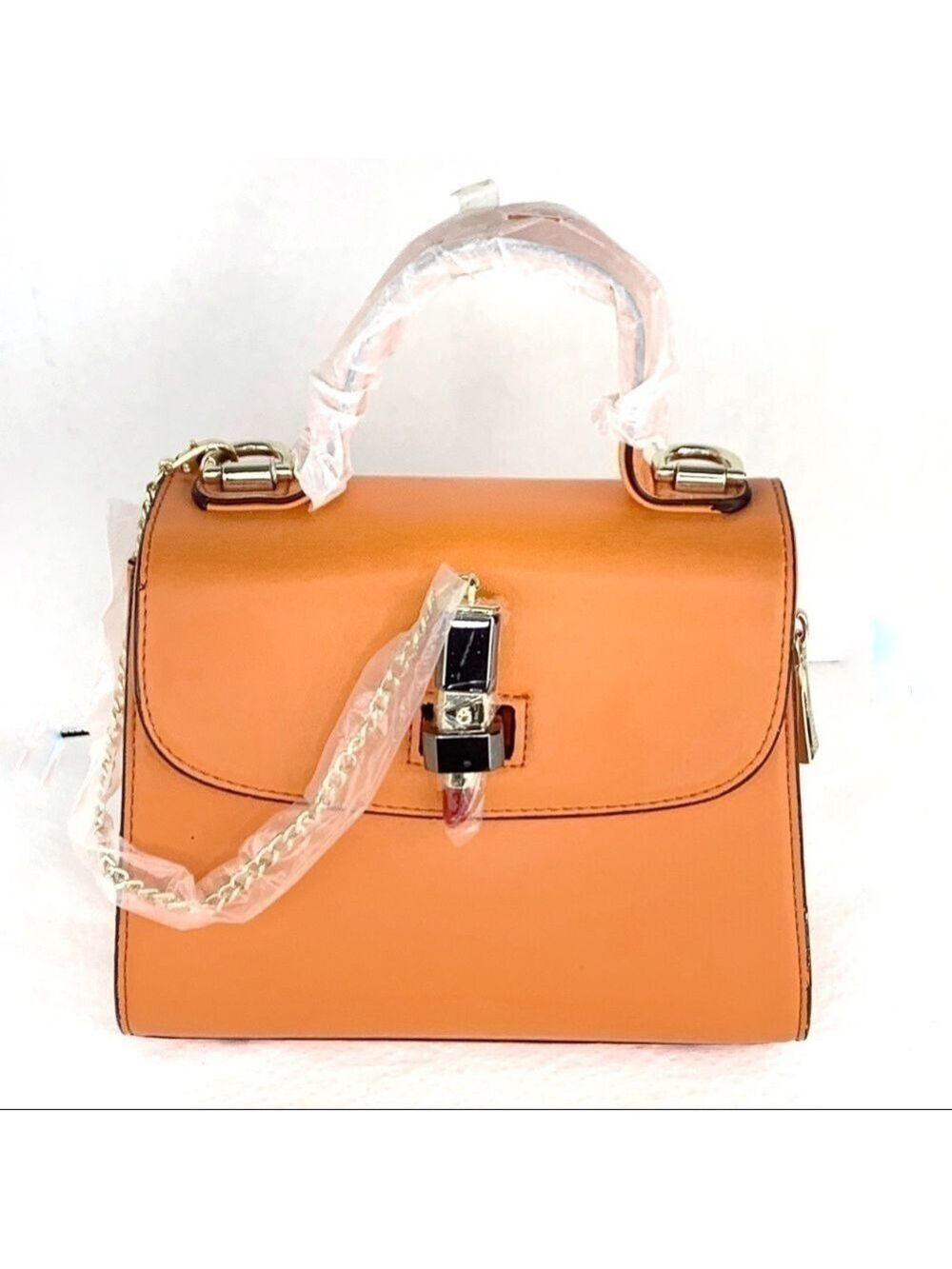 New-Unique Lipstick Buckle Closure Faux Leather GoldAccents Orange Crossbody Bag
